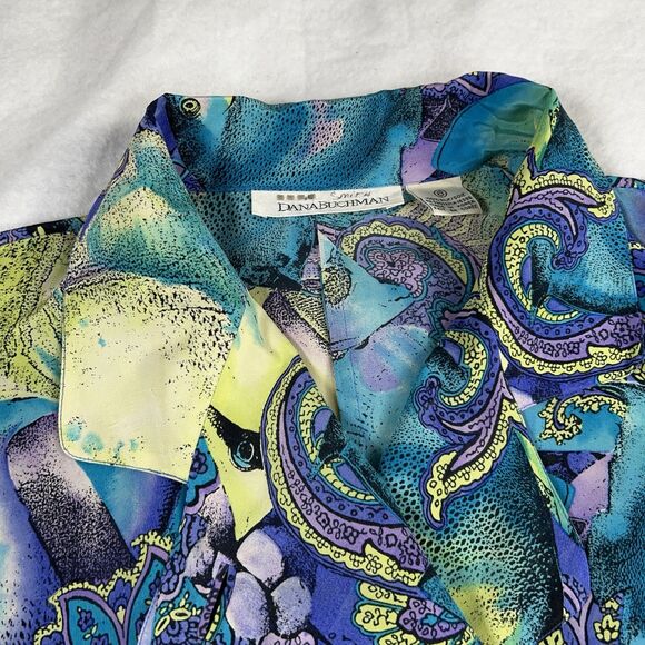 Vintage Silk Top Women's Sz 8 Tropical Ocean Fish Floral Paisley MISSING BUTTONS - Picture 11 of 16